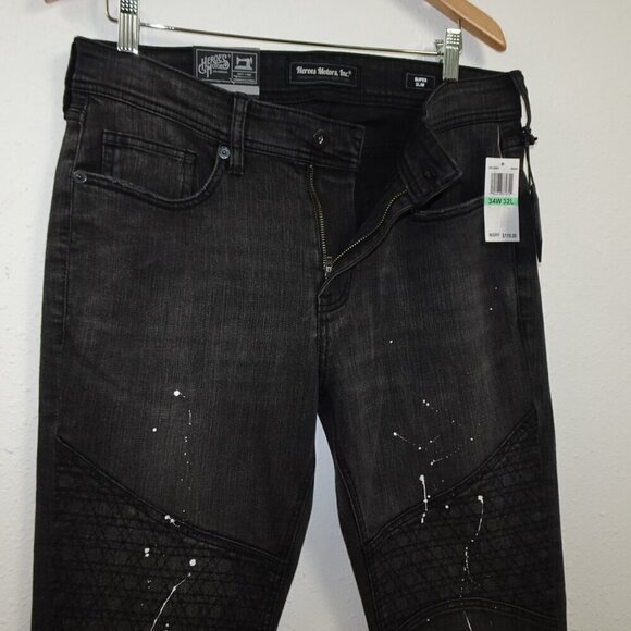 Heroes Motors Moto Jeans Men's Size 34x32 Black Denim Super Slim Paint Splatters - Picture 4 of 14
